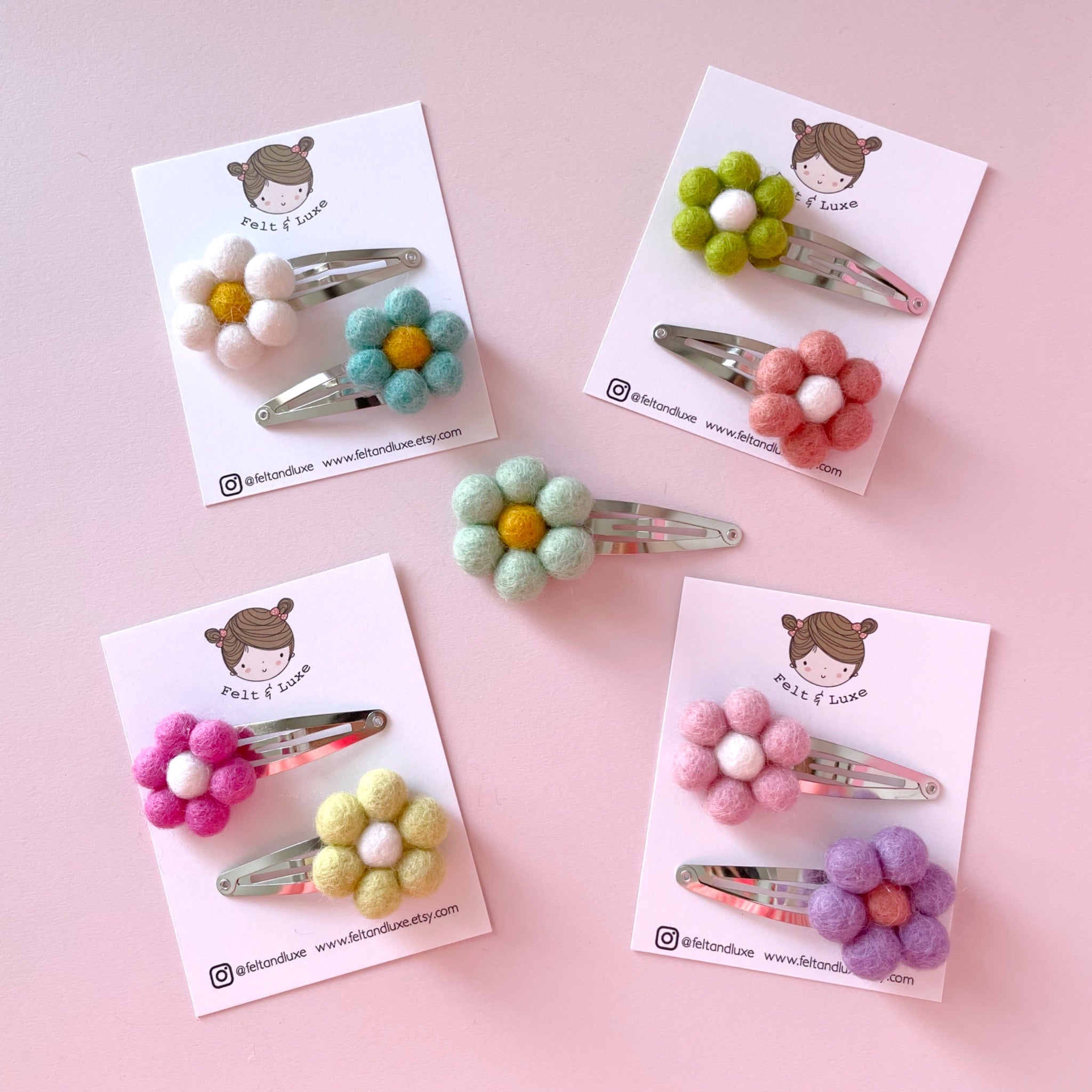 Felt and Luxe- Daisy Poms Snap Clip Set (2)