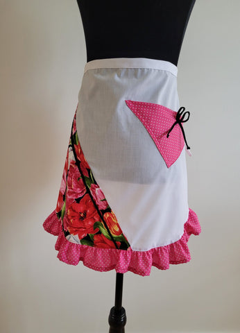 Seams Familiar! 1/2 apron white pink tulips - S - 1