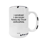 Coco + Bie - Nicer Than My Face Indicates - Funny Mug, Sassy Mug